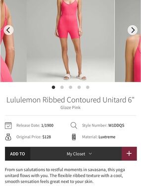 lululemon Ribbed Contoured Unitard 6" Glaze Pink size 14